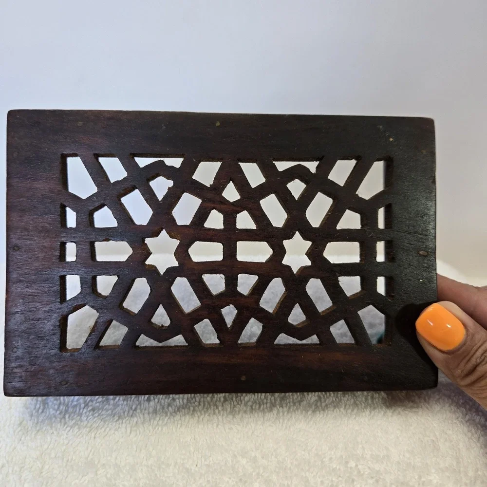 Vtg Hand Carved Wooden Trinket Box Lidded Intricate Geometric Boho Hippiecore
